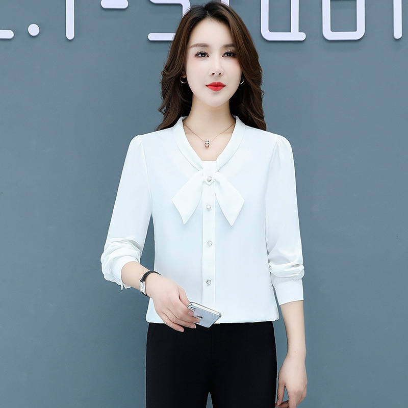 Spring 2023 New Scarf Collar Women's Chiffon Shirt Long-Sleeved Shirt Versatile Fashionable Multi-Color Black Shirt