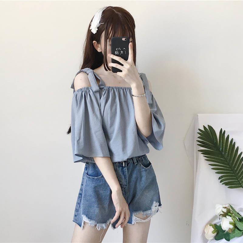2024新款夏季女装韩版学生宽松条纹一字领衬衫露肩短袖上衣衬衣萌