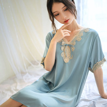 新款睡衣女夏季冰丝宽松大码欧韩版性感蕾丝绸短袖睡裙缎面家居服