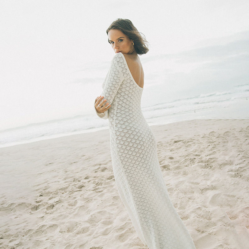 欧美2024夏季新款沙滩裙女纯色性感针织沙滩比基尼泳衣罩衫防晒服