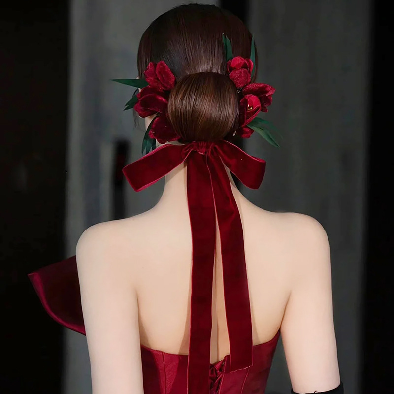 新娘头饰酒红色丝绒郁金香森系仙美绒布发带感婚礼敬酒服配饰