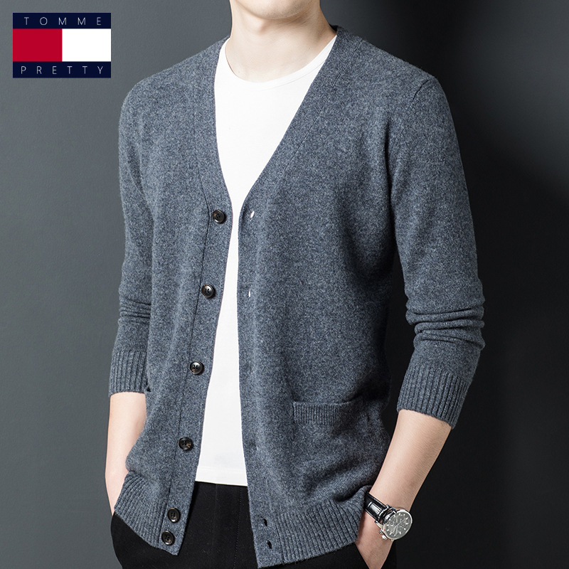 春秋季纯色v领纯羊毛毛衣男士休闲羊毛衫百搭针织衫男装开衫外套