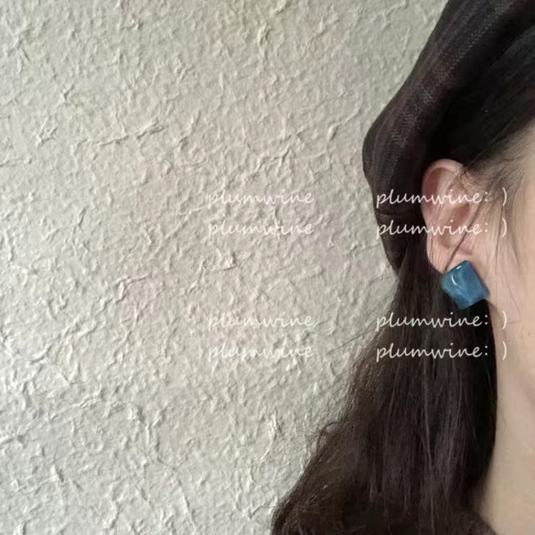 Sparkling Fresh Ice Blue Square Ins Water Ripple Blue Niche Ice Mark Silver Stud Earrings Ear Rings Earrings