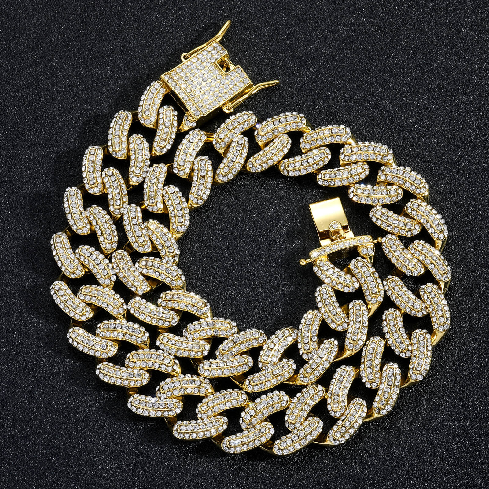 欧美跨境项链嘻哈古巴链19mm三排钻霸气男士嘻哈项链个性潮人配饰