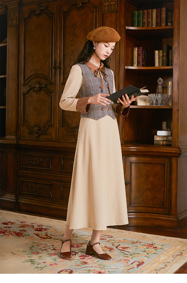复古民国风小洋套装裙格子马甲连衣裙两件套春秋文艺学生装批发