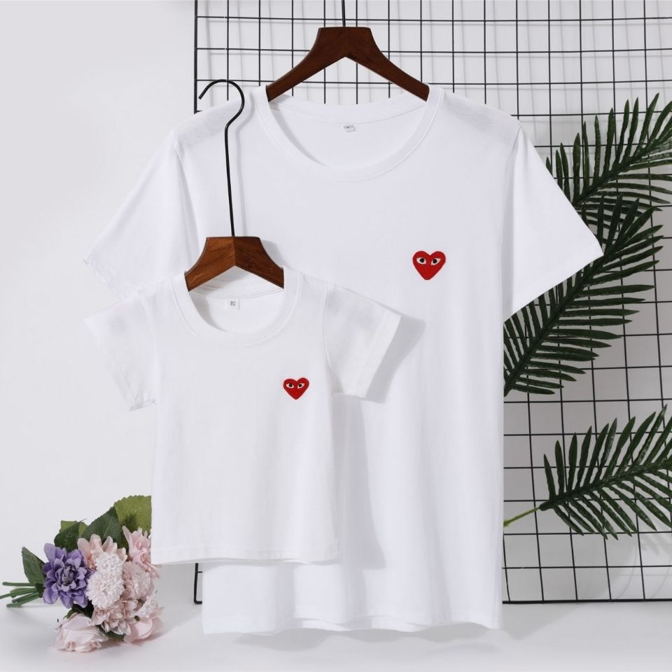 日系川久保玲圆领短袖t恤女play刺绣爱心潮牌宽松t恤白色纯棉上衣