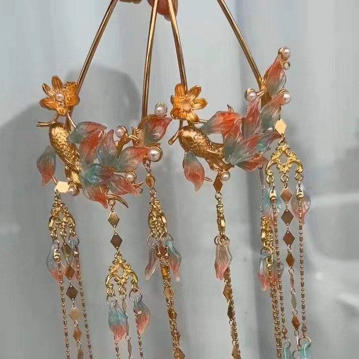 双鲤 锦鲤长流苏仙气重工发钗古风汉服发饰配饰仙气-阿里巴巴