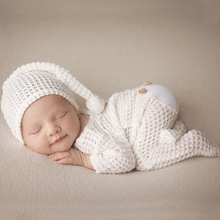欧美新生儿摄影连体衣宝宝摄影服长尾帽两件套针织连脚衣摄影服