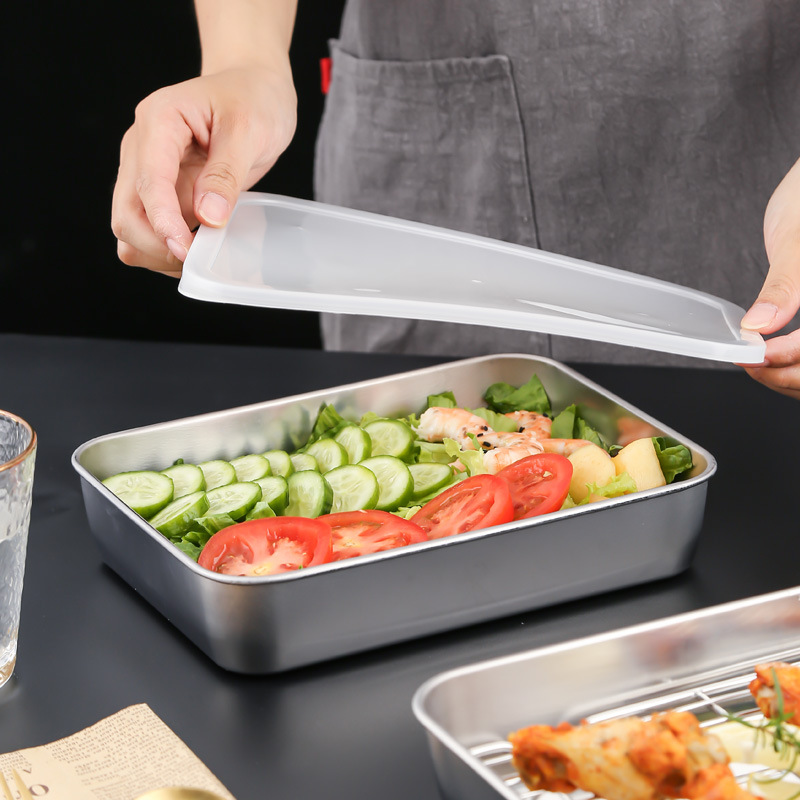 Stainless Steel Deepening Baking Plate Dining Plate Japanese Style Flat Bottom Hotel Tray Cooking Plate with Lid Refrigerator Refrigeration