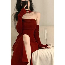 抹胸红色连衣裙赫本纯欲风套装轻奢高级设计感晚会礼服新款女夏季