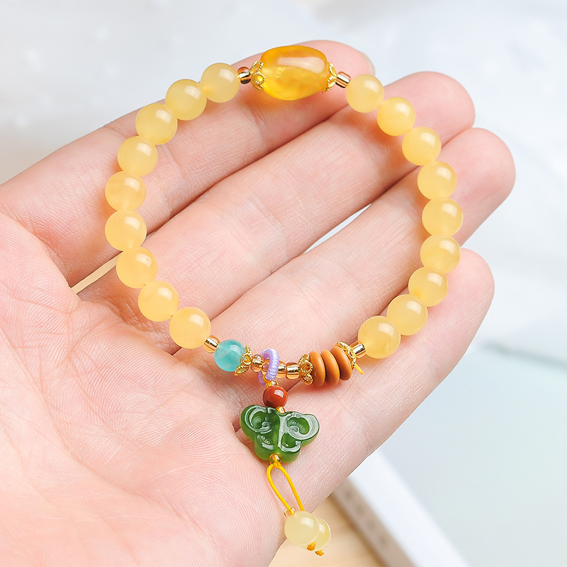 蜜蜡多宝圆珠7mm手串琥珀蜜蜡珠子手链搭配和田碧玉蝴蝶坠子