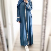 新款东南亚跨境穆斯林女装长袍拼接镶边亮片连衣裙纯色雪纺长袍