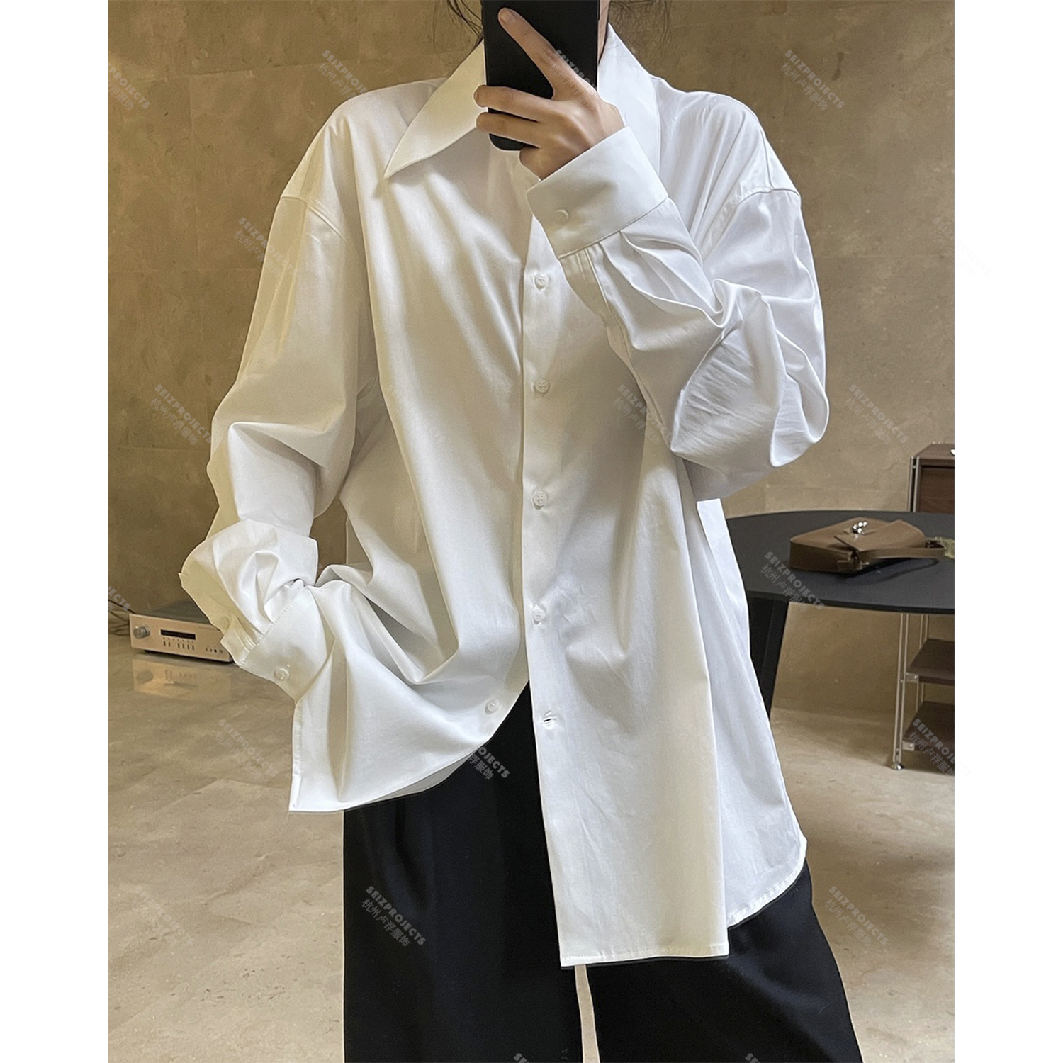 「私密款」早春新韩版简约设计感尖领衬衫宽松廓形休闲显瘦上衣女