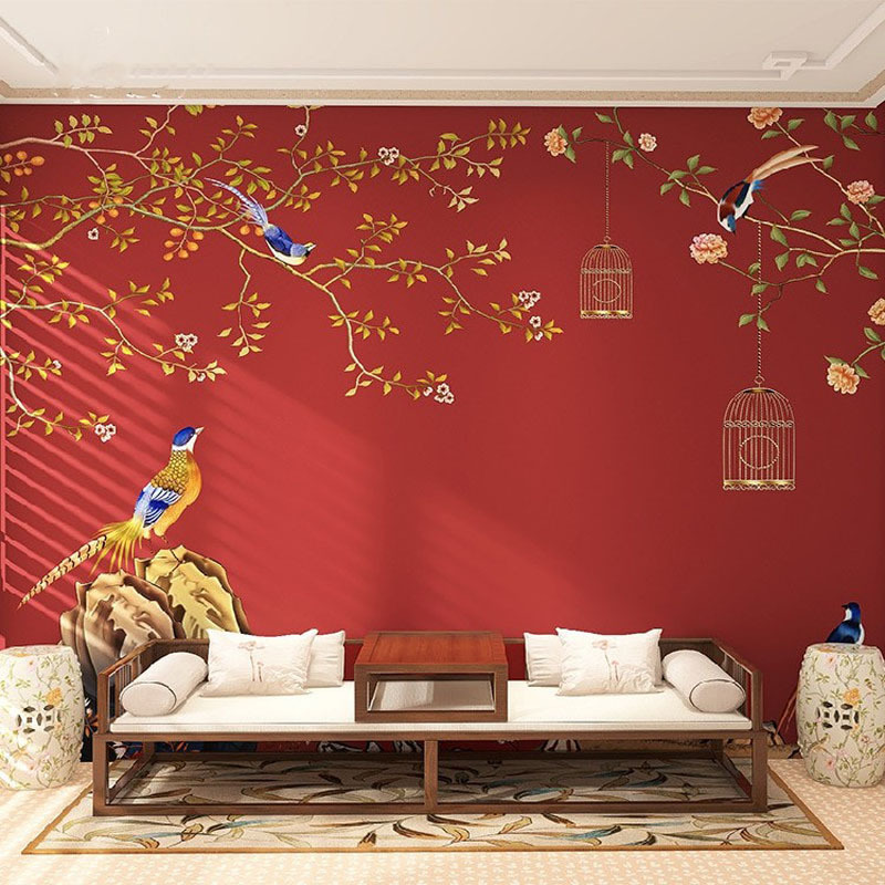 新中式花鸟国潮风墙纸火锅婚纱店壁画汉服照相馆剧本杀房古风壁纸