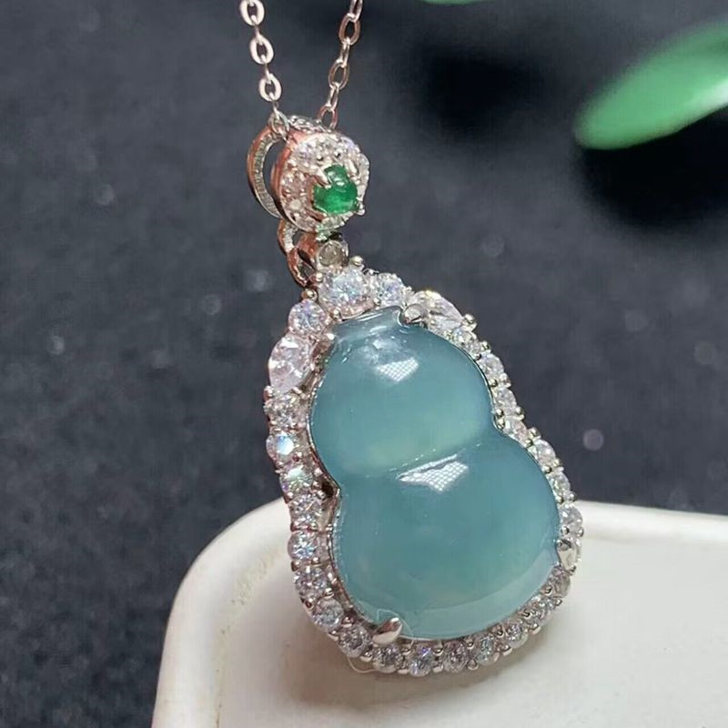 天然翡翠a货危料蓝水葫芦吊坠s925银镶嵌玉坠项链挂件直播货源批