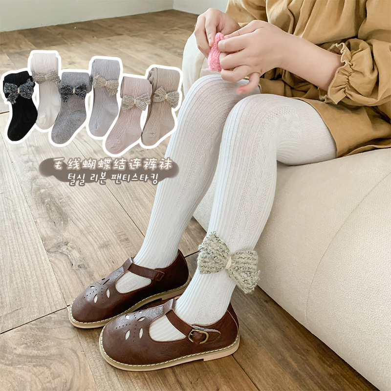 2023 Spring New Girls' Wool Bow Leggings Children Infants Outer Wear Socks Girls' Pantyhose