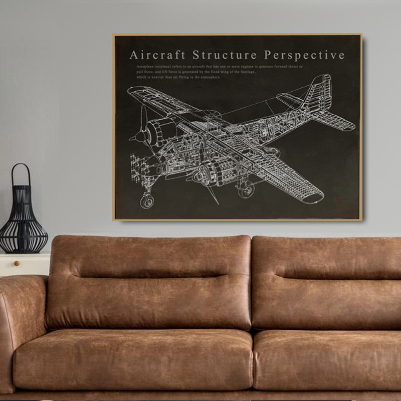 飞机轮船机械手稿美式工业风装饰画复古牛皮纸书房客厅咖啡厅挂画