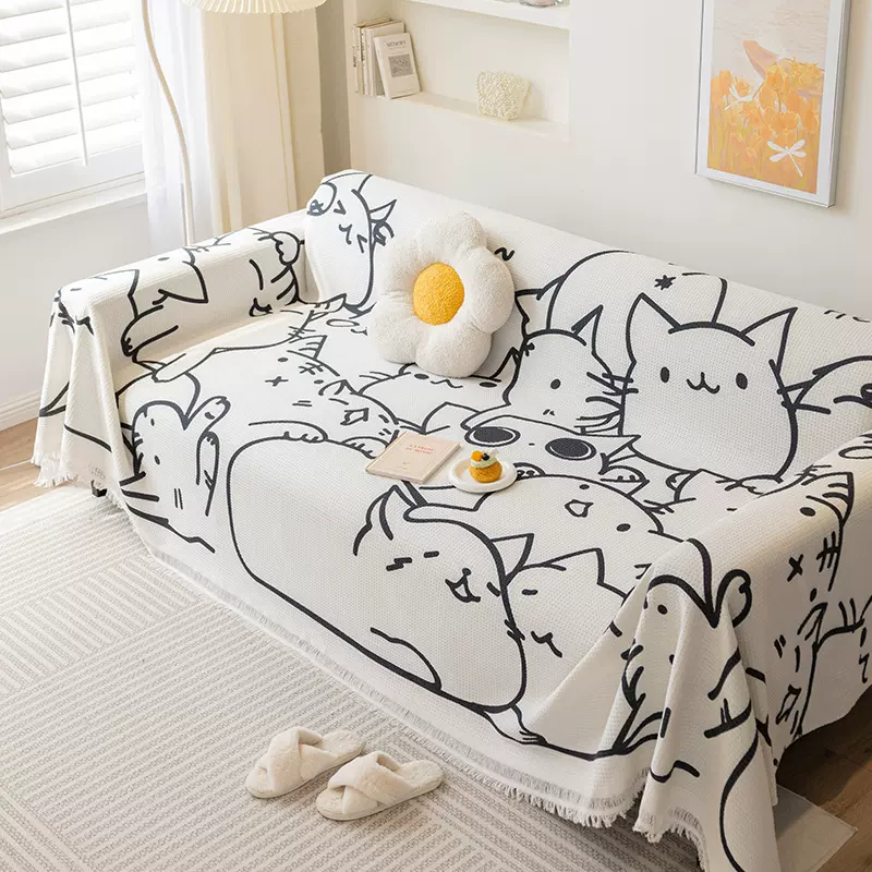 夏季凉感华夫格沙发巾防滑高级感可爱卡通风格印花沙发套沙发罩