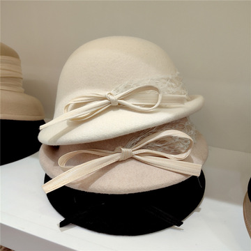 新款澳洲羊毛蕾丝礼帽子女秋冬法式复古贝雷帽真丝麻蝴蝶结毡帽潮