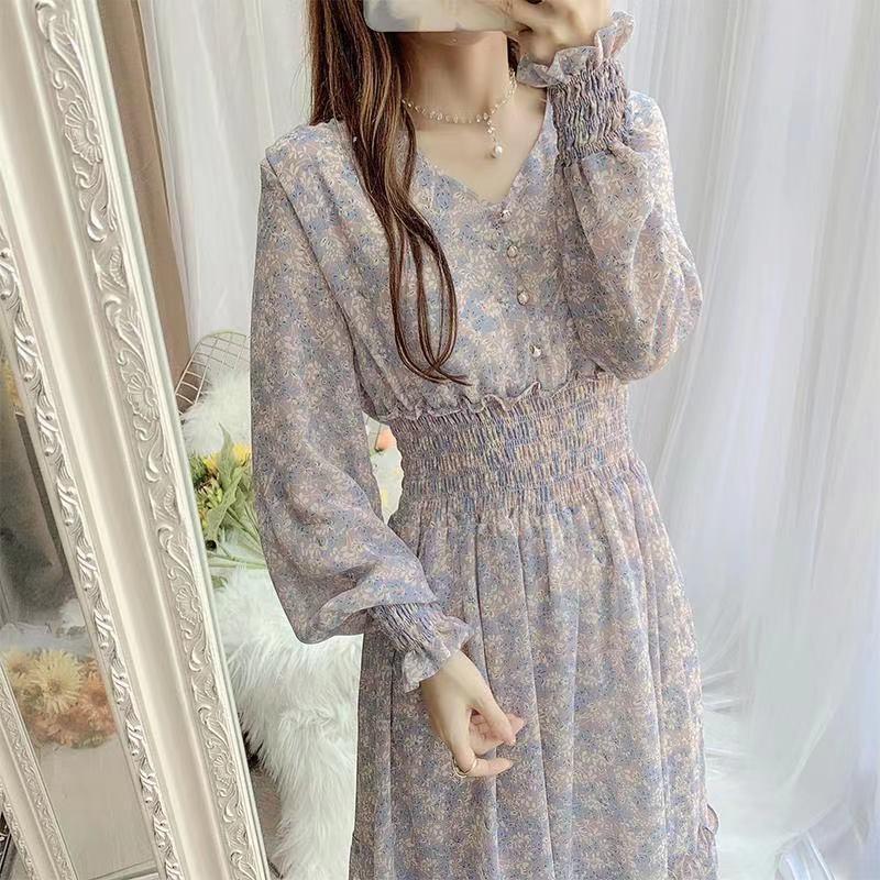 Qingshuxin Women's Floral Skirt Chiffon Dress Long Skirt Women's Spring New Korean Style Fairy Dress Ruffled Large Swing Skirt