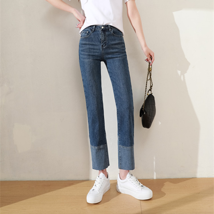 新款蓝色拼接撞色九分牛仔裤女加大码高腰铅笔裤网红百搭直筒裤夏