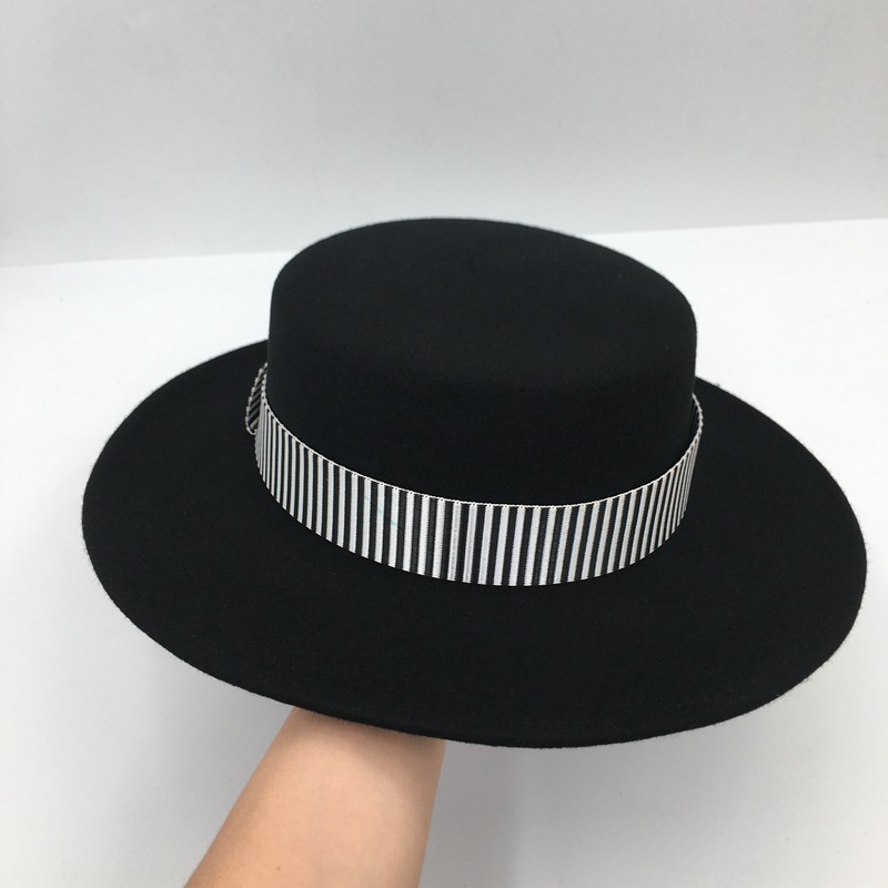 秋冬新款英伦时尚绅士帽平顶羊毛呢大沿帽韩版男女帽子赫本爵士帽