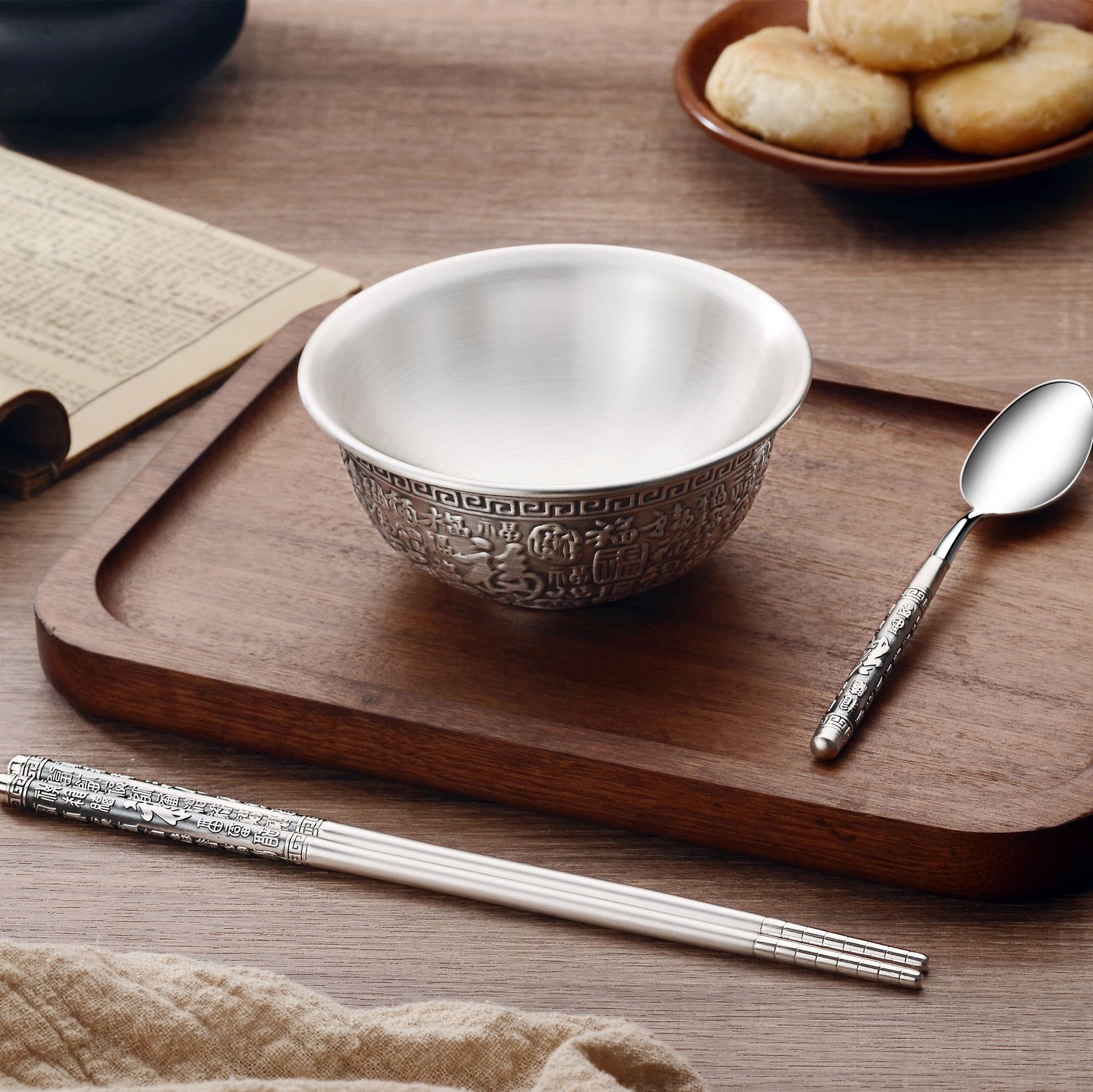 银碗999纯银套装 宝宝食用银餐具三件套足银家用纯银碗雪花银