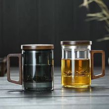 新款木把高硼硅玻璃泡茶杯带过滤茶水分离三件杯大容量绿茶花茶杯
