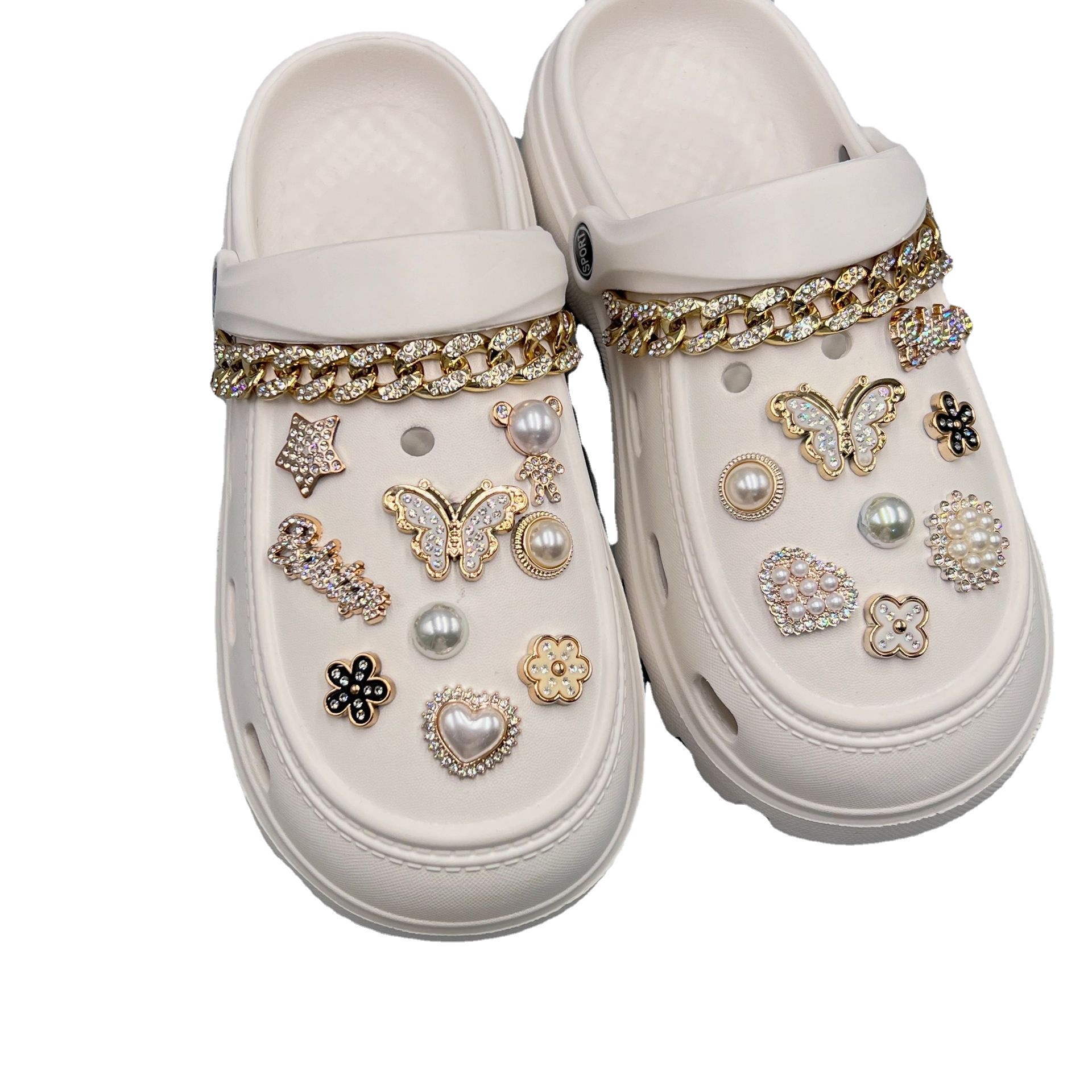 Fit Hole Shoes Cross Accessories DIY Shoe Buckle Pearl Rhinestone Golden Chain Set Shoe Ornament Decorative Buckle