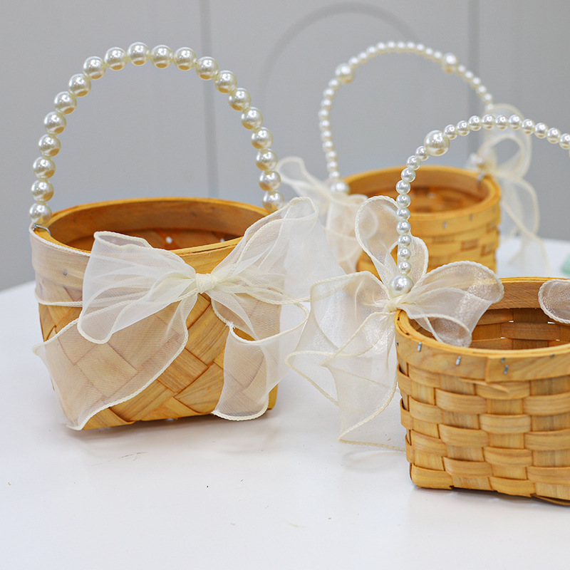 新款雪纱蝴蝶结珍珠花篮花束手提花篮创意礼盒手工diy插花篮批发