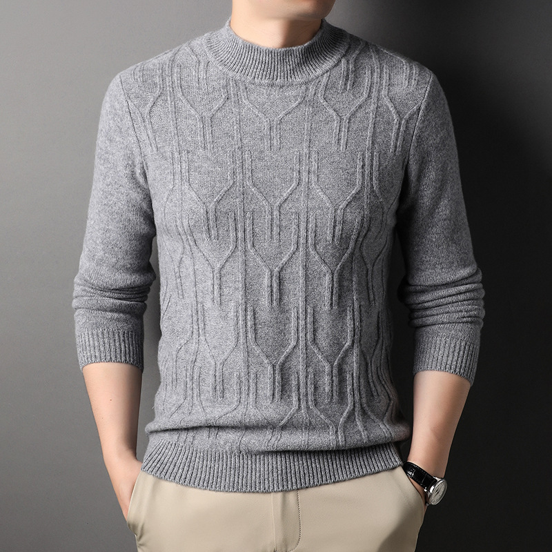 2023春秋装新款潮流男士羊毛衫半高领套头保暖时尚提花休闲毛衣男