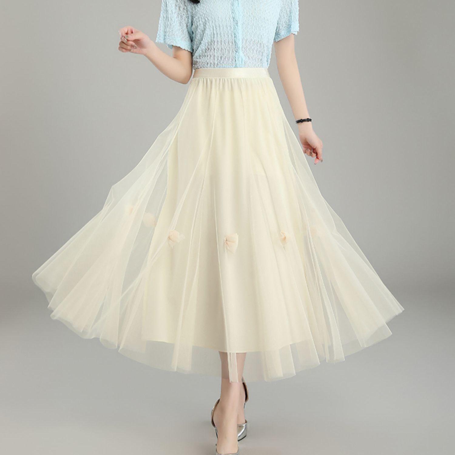 纱裙女半身裙大裙摆中长款2023新款花朵蓬蓬裙网纱裙高级感半身裙