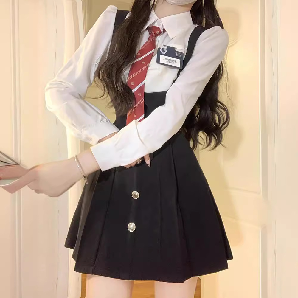 学院风jk制服套装美式收腰显瘦假两件连衣裙女春夏长袖衬衫新款