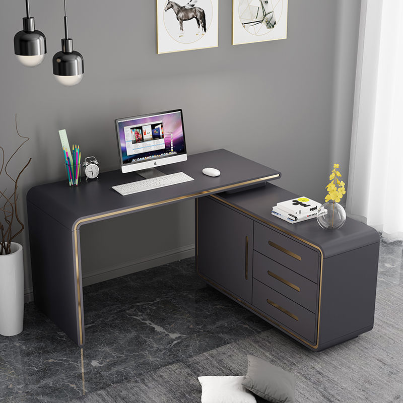 意式轻奢转角书桌书柜一体极简伸缩多功能电脑桌家用办公写字台桌