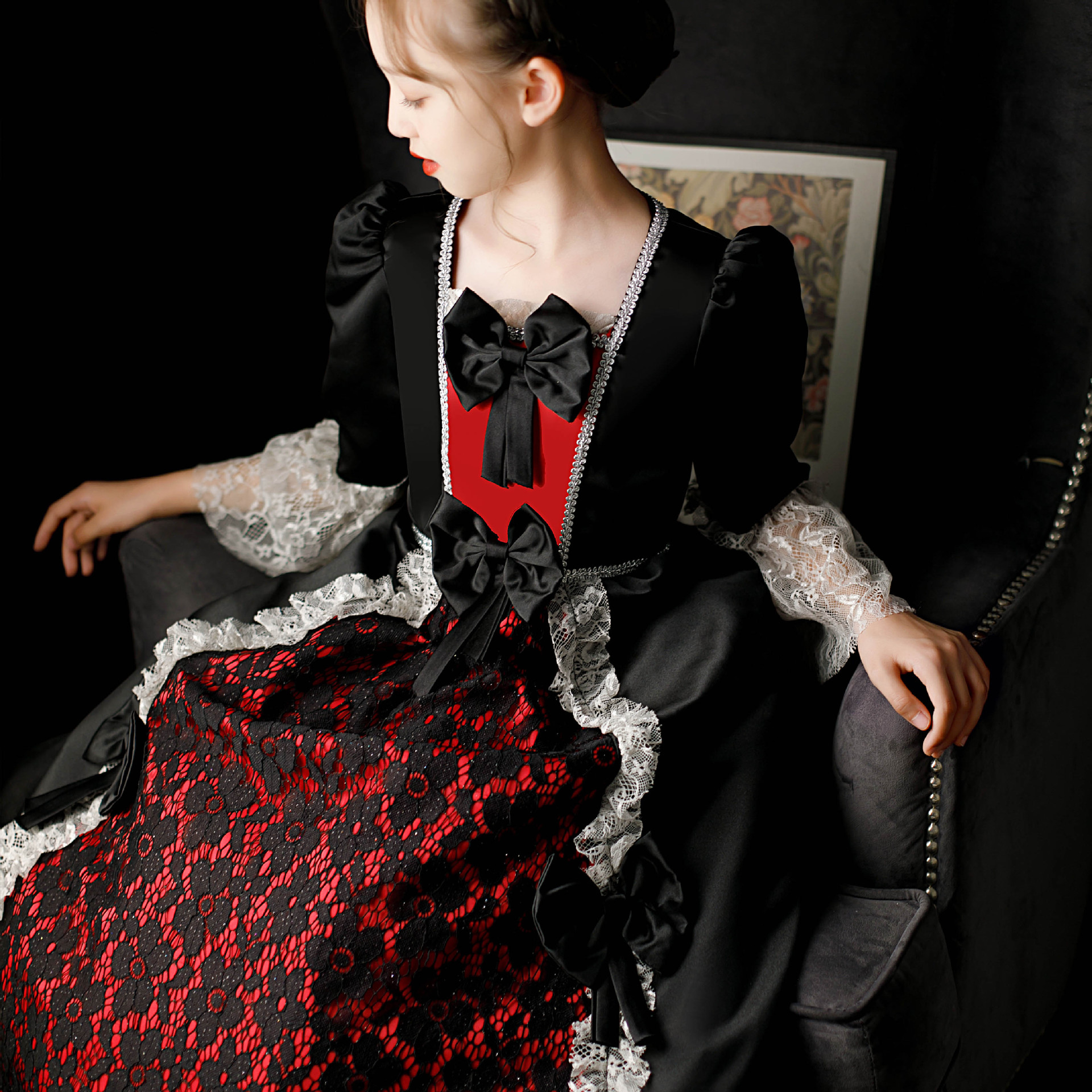 22暗黑系万圣节儿童服装魔法女巫连衣裙舞会欧式宫廷女童演出礼服