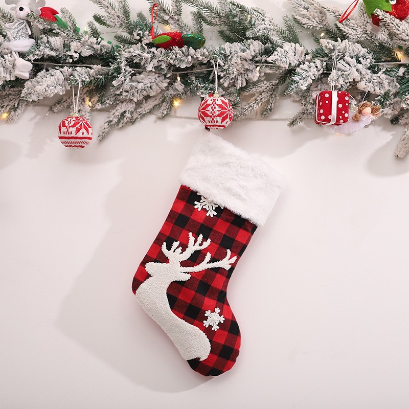 Christmas Stockings Decorative Elk Snowflake Plaid Christmas Stockings White Edge Short Plush Plaid Candy Socks Christmas Gift