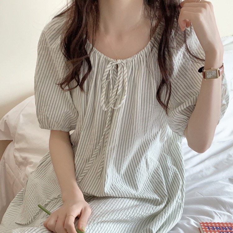 棉korea夏季新款睡衣女套装简约条纹蕾丝边系带蝴蝶结家居服睡裙