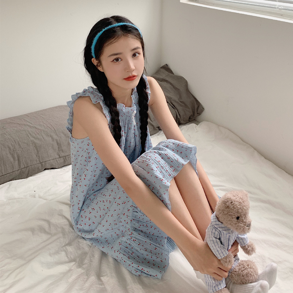 实拍夏季新款日韩风睡衣女甜美可爱小樱桃吊带裙睡裙薄款家居服