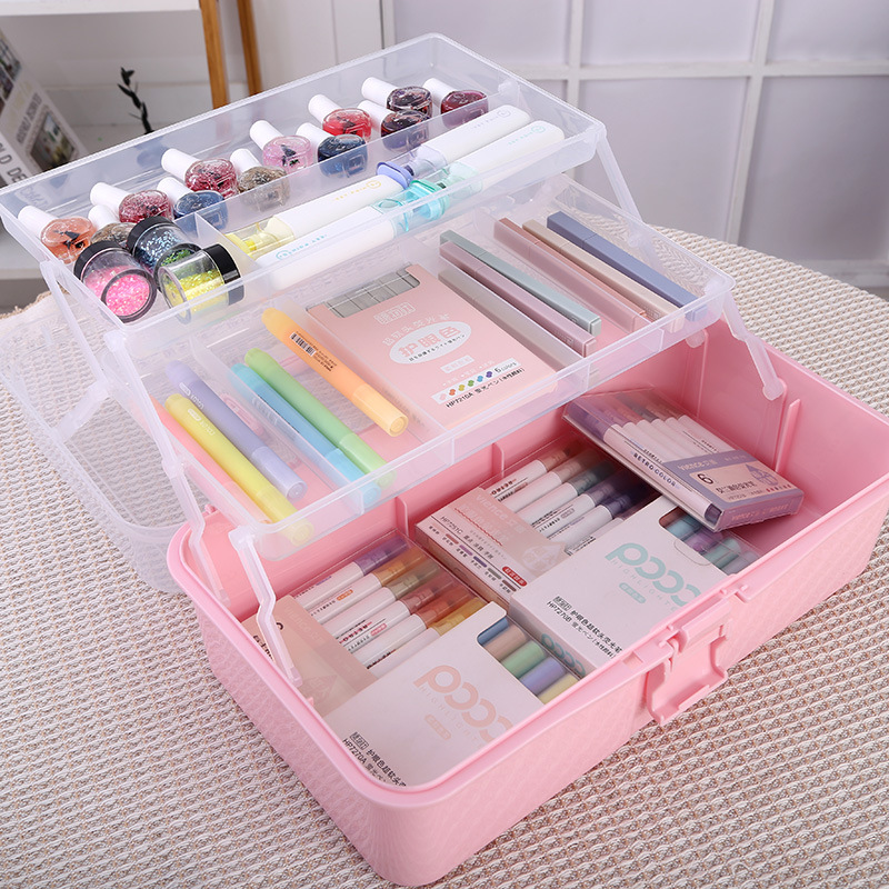 Three-Layer Solid Color Storage Box in Stock Wholesale Painting Tool Box Manicure Cosmetics Three-Layer Folding Container
