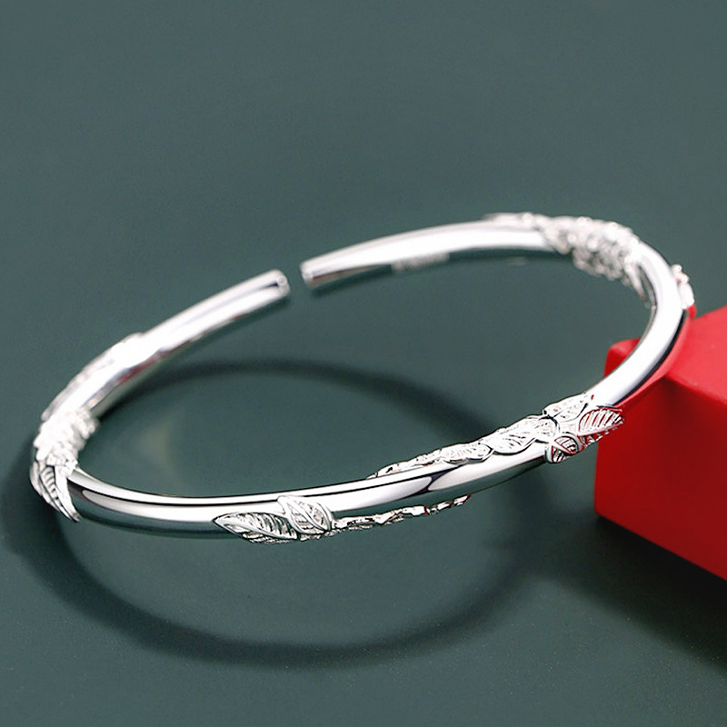 镀银相思藤树藤手镯 开口繁花纹理民族风实心开口年轻款花叶手镯