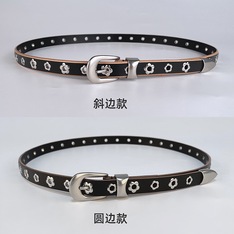 Rivet European and American Genuine Leather Women's Belt First Layer Cowhide with Skirts & Shorts Niche Set High-Grade Leather Belt Black Fashion