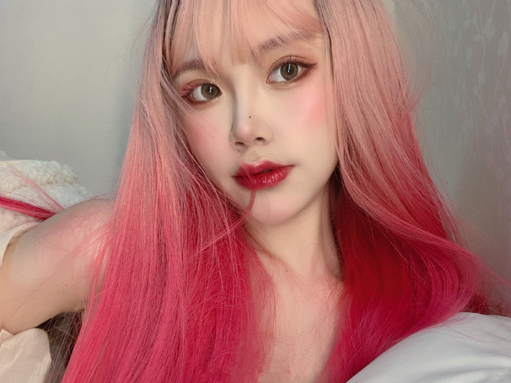 粉色渐变假发女长直发《暴走粉熊》洛丽塔齐刘海整顶全头套