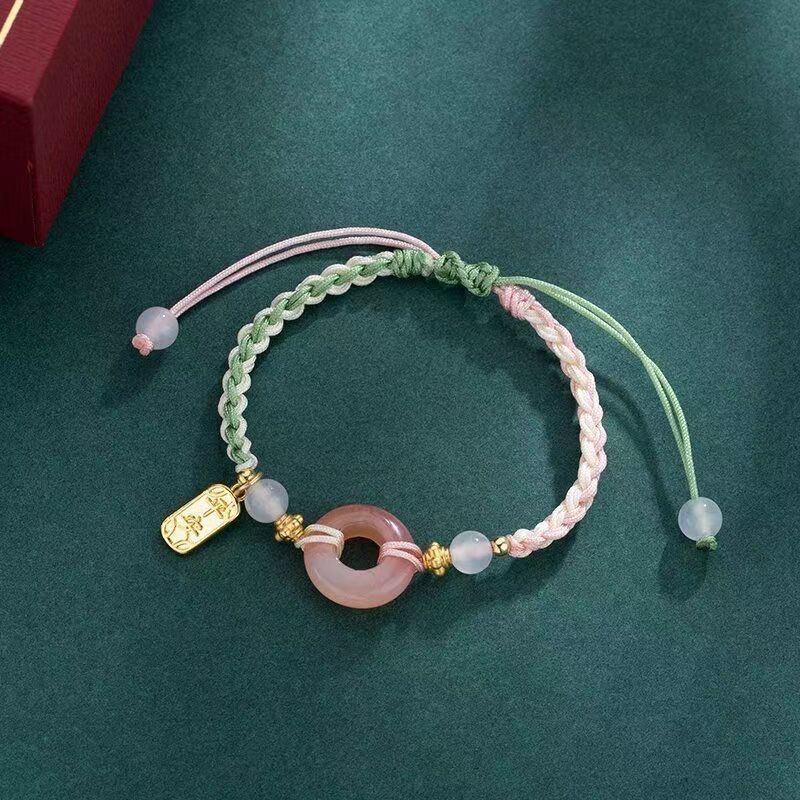 Peach Blossom Pink Safety Buckle Bracelet Girl's Heart, High Appearance, Good Luck, Safe and Happy Hand-Knitted Rope Bracelet for Women