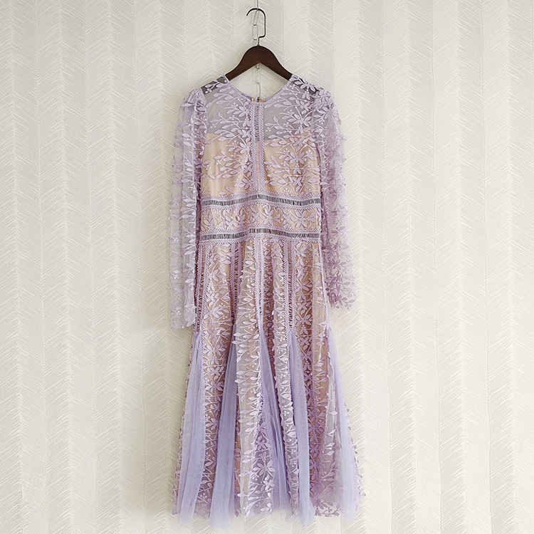 优雅礼服裙年会晚会2023名媛气质圆领蕾丝拼接网纱收腰连衣裙长裙