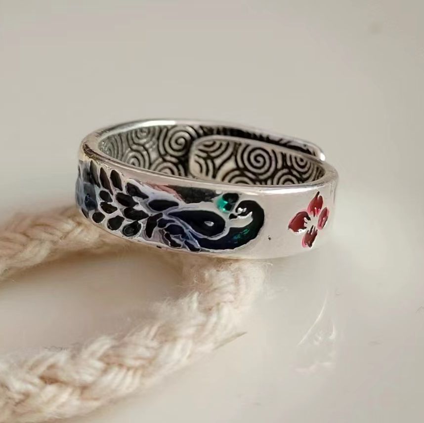 珐琅彩素银景泰蓝民族风开口银饰戒指低温烤蓝孔雀泰银指环女戒指