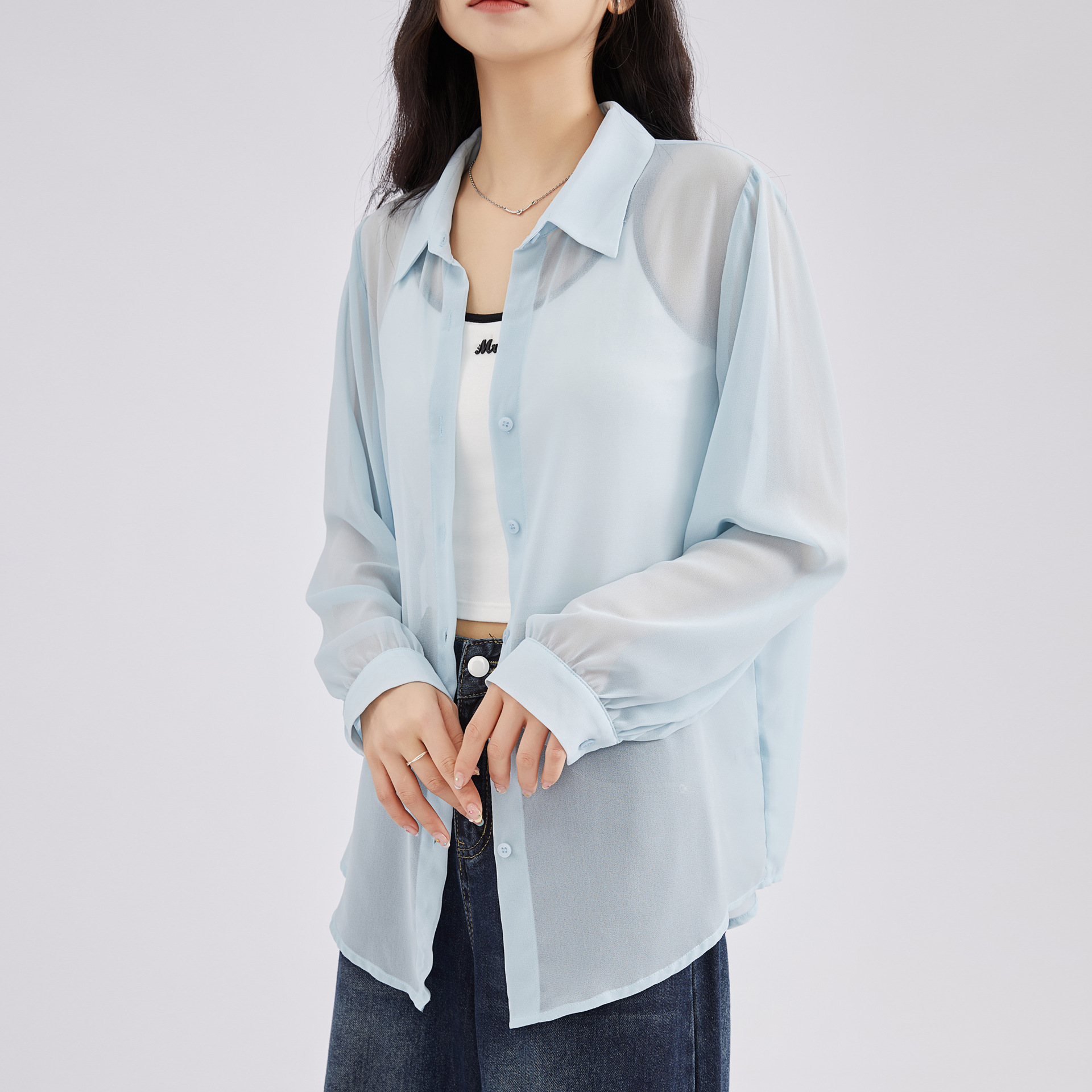 浅蓝色雪纺防晒衬衫女夏款薄款垂感轻薄翻领外搭长袖衬衣上衣外套