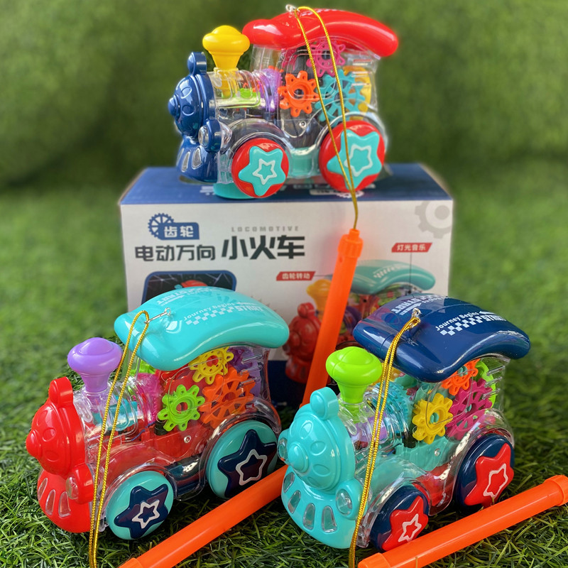 抖音款电动透明齿轮小火车宝宝手提音乐发光灯笼万向闪光火车彩灯