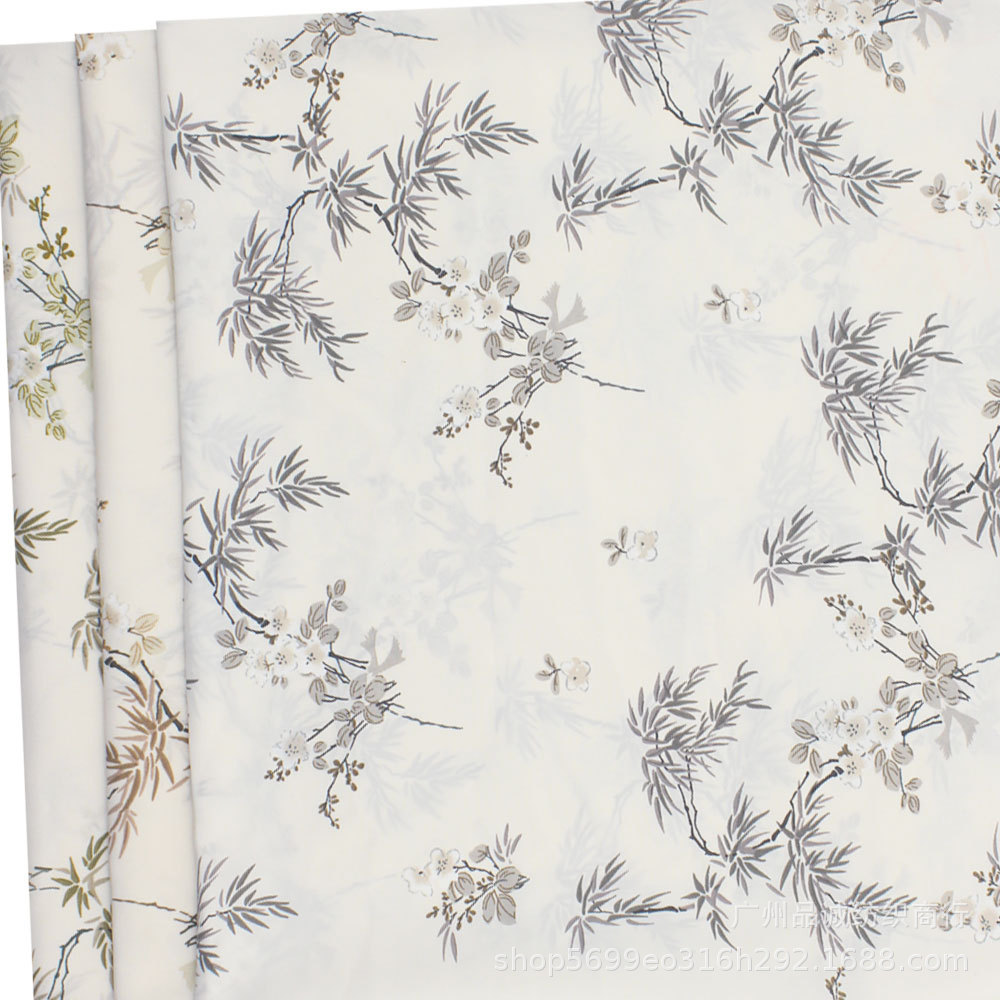 破卡平纹缎印花国风竹叶花雪纺印花女装衬衫连衣裙防蚊裤旗袍面料