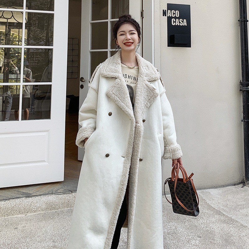 实拍白色皮毛一体羊羔毛棉服女中长款2024冬新款韩版加厚过膝外套