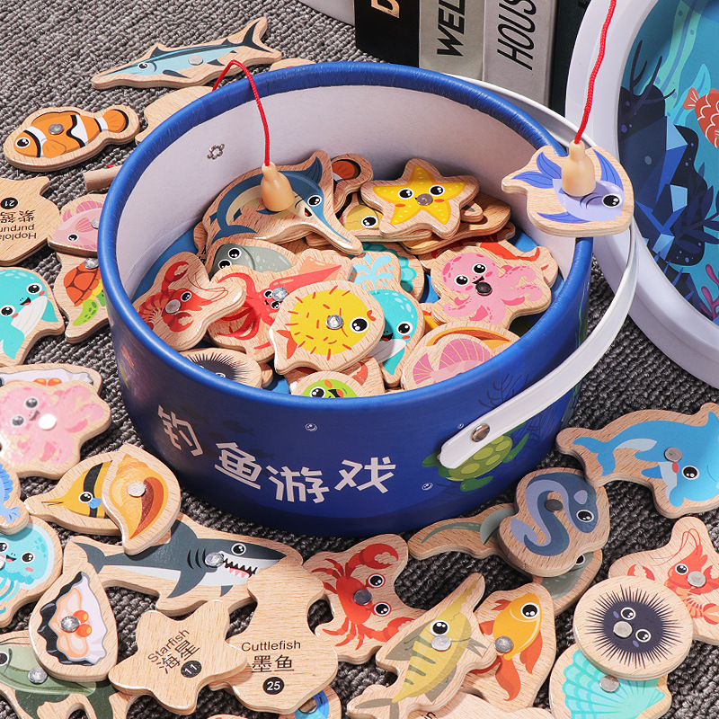 wooden barrel marine fishing toys children‘s early education puzzle cognitive fun magnetic marine fish parent-child game